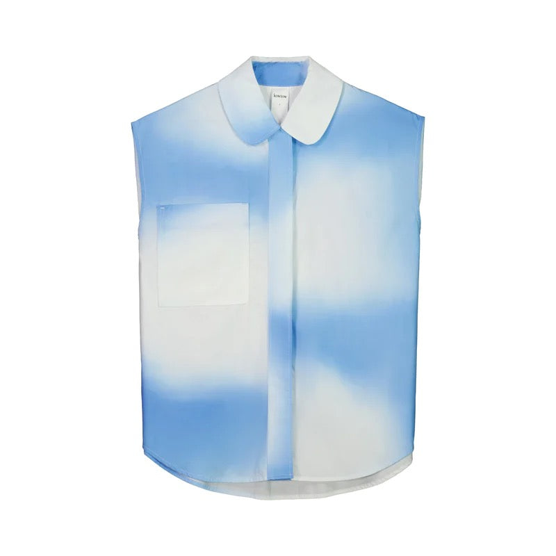A blue and white Play Top - Cloud sleeveless shirt with a collar by Kowtow.