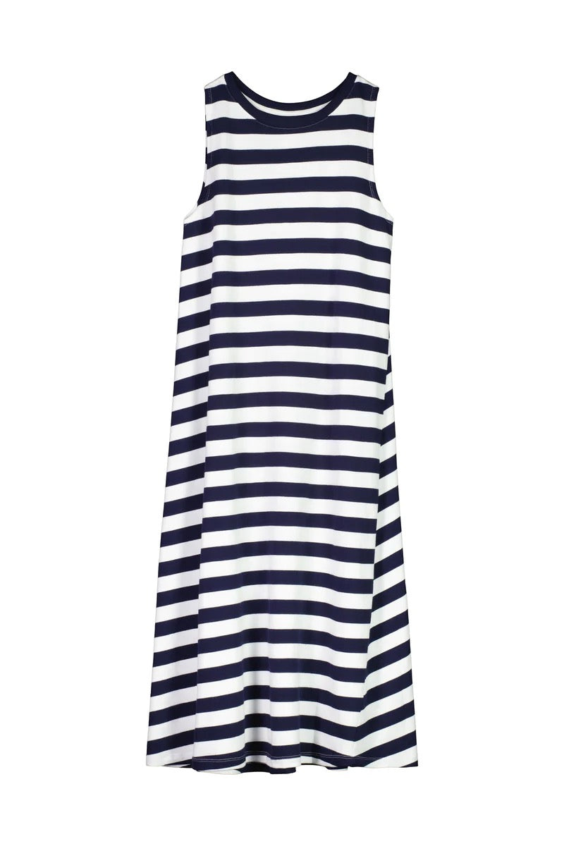 A Rugby Tank Swing Dress – Navy White Stripe by Kowtow on a hanger.