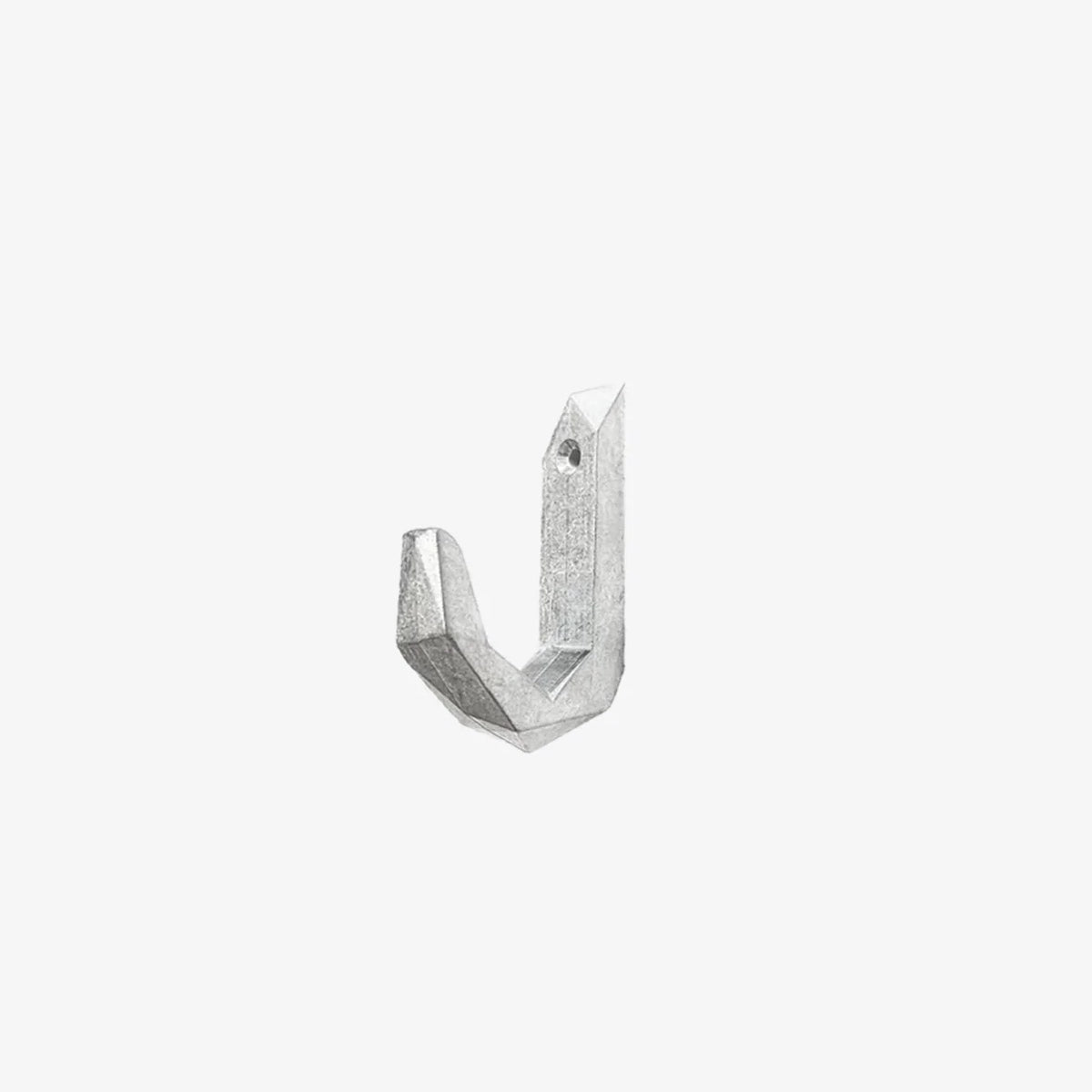 A Hookalotti metal hook on a white background by Martino Gamper.