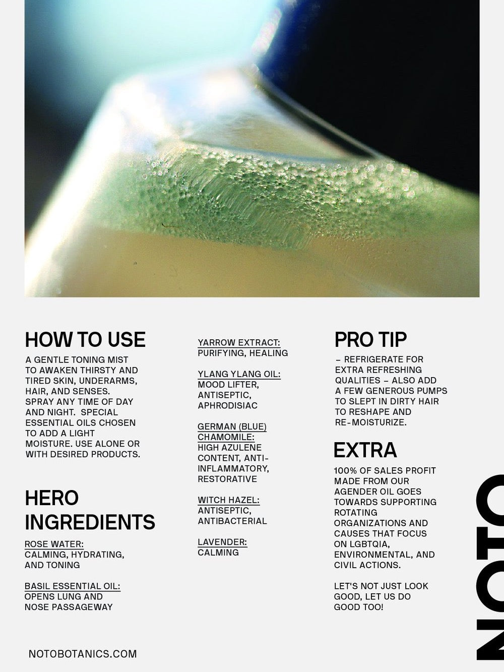 A poster showing the contents of a bottle of NOTO Basil Yarrow Mist.