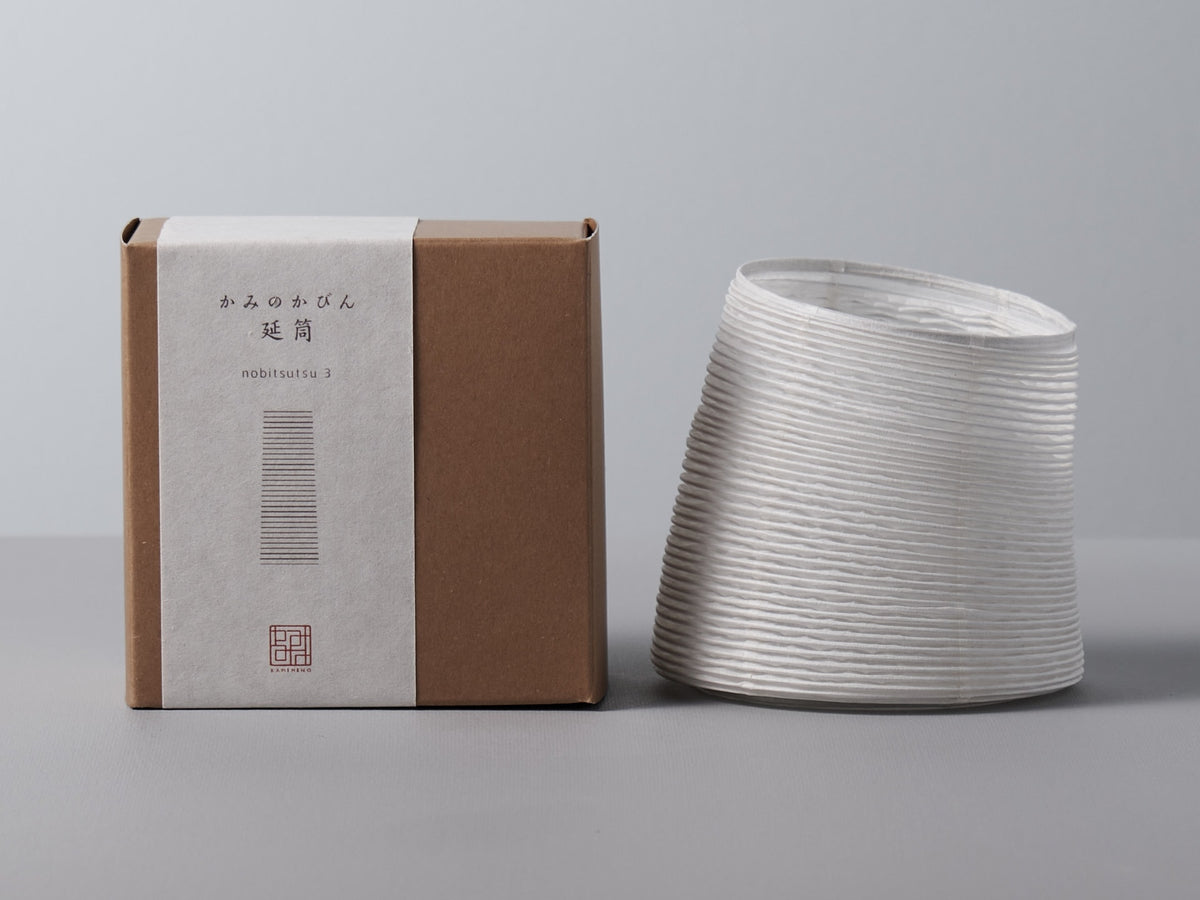 Hayashi Kougei&#39;s Nobi-tsutsu Paper Vase - №3 with a white box next to it.