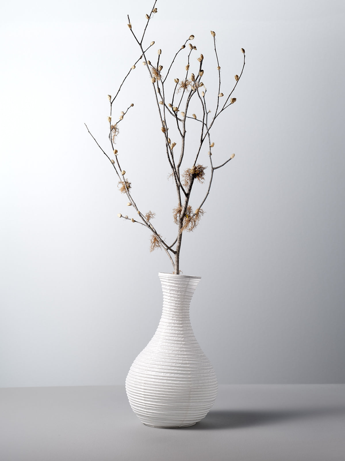 A Nobi-tsutsu Paper Vase - №5 by Hayashi Kougei with a branch in it.