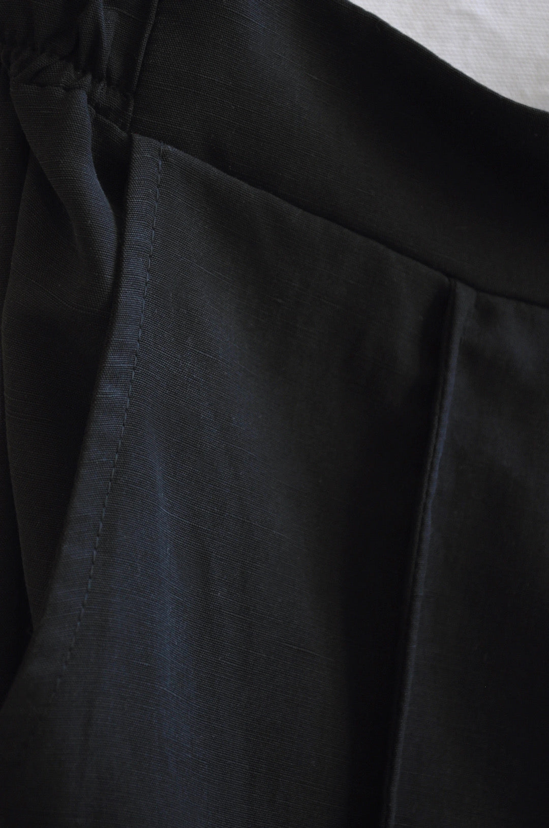A close up of an OVNA OVICH Eleanor Pant - Onyx with a button.