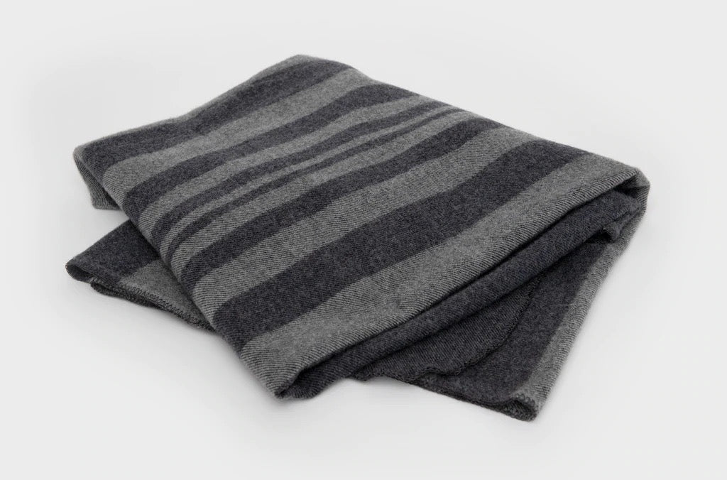 A grey and black striped Moontide Blanket on a white surface by Seljak Brand.