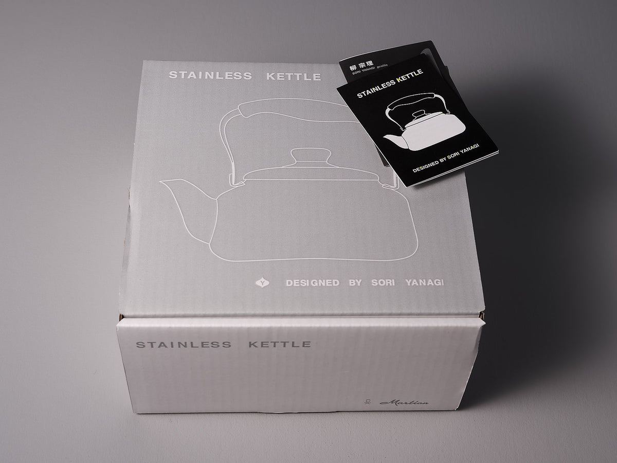 A Stove-top Kettle – Brushed Steel by Sori Yanagi in a box with a label on it.