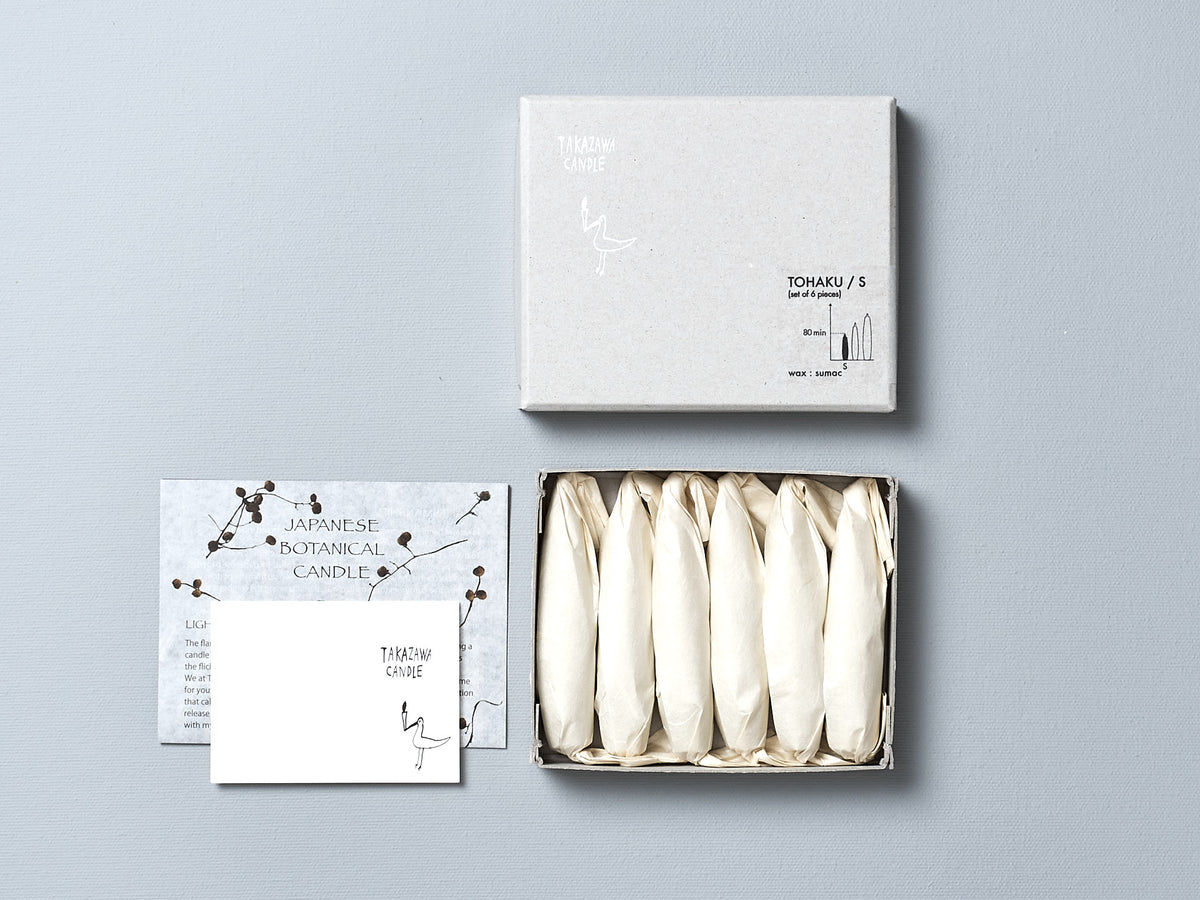 A box of TOHAKU Candles – Small (box of 6) and a note card. Brand: Takazawa