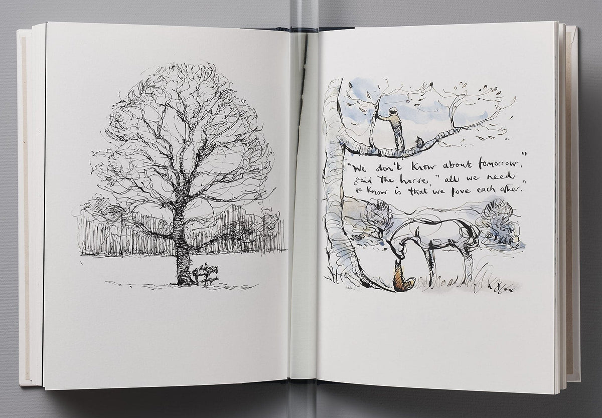 An open &quot;The Boy, the Mole, the Fox and the Horse&quot; book with a drawing of a horse and a tree by Charlie Mackesy.