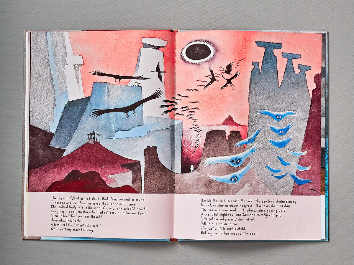 An open book with illustrations of a city and birds, The Dangerous Journey by Tove Jansson.