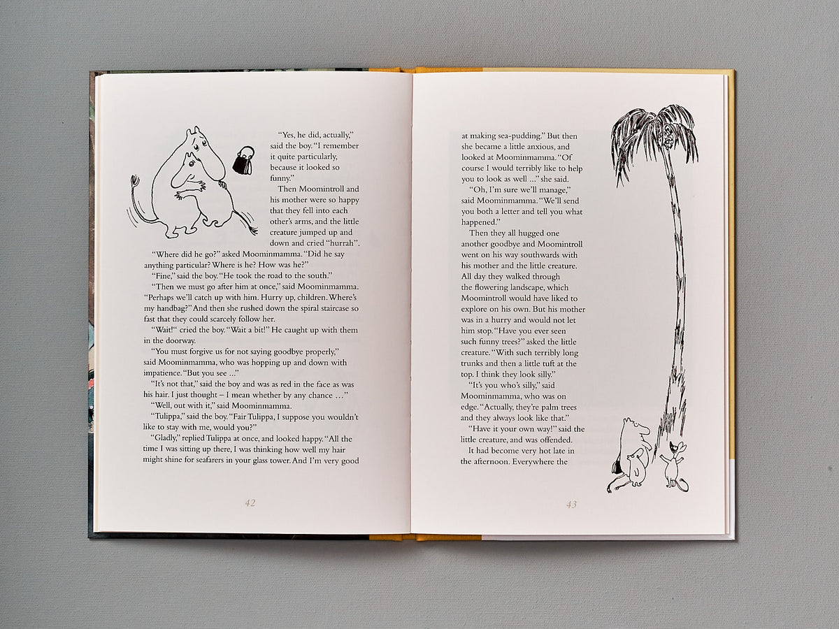 A book with a picture of The Moomins and the Great Flood by Tove Jansson.