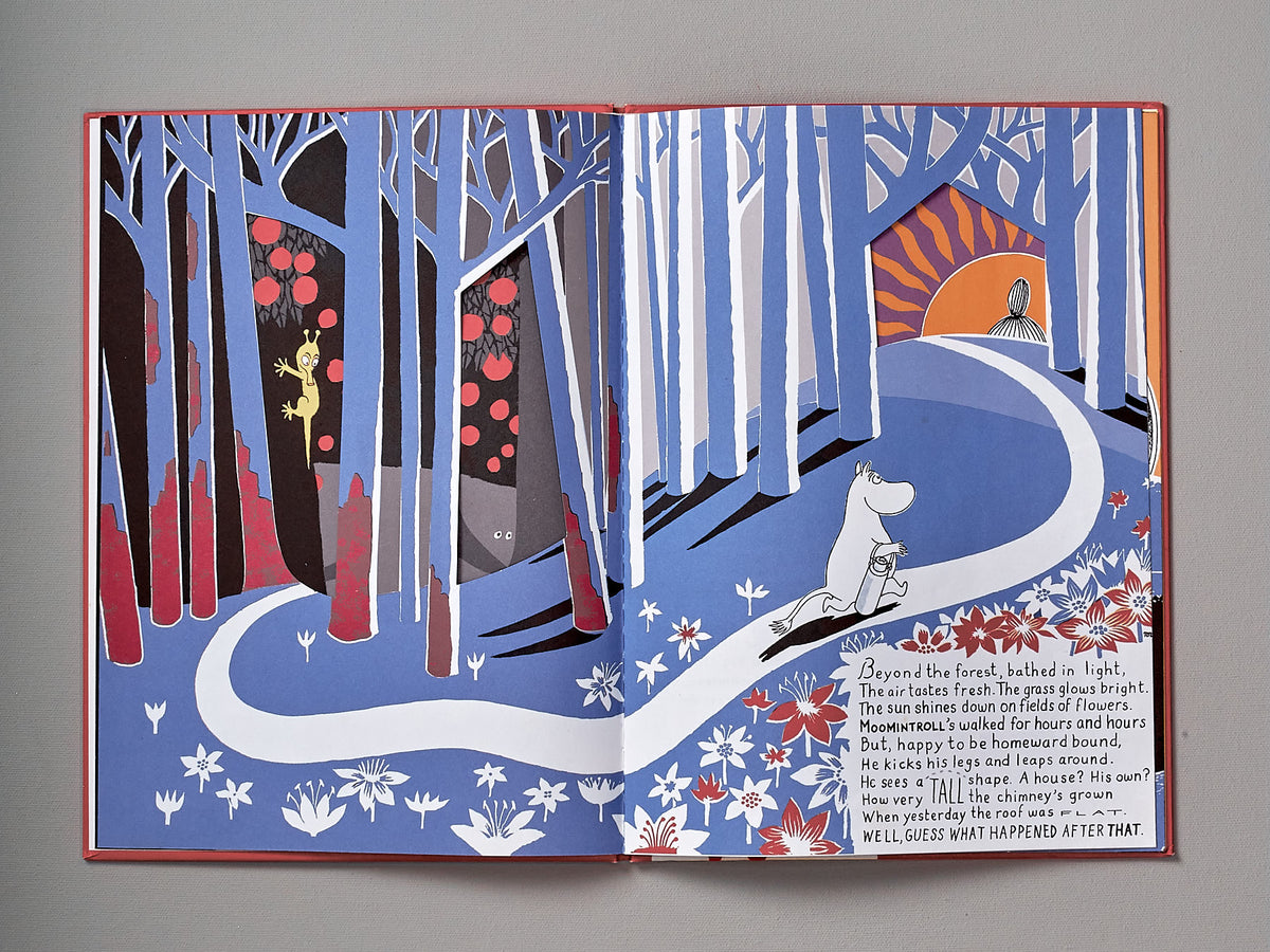 A The Book About Moomin, Mymble and Little My by Tove Jansson with a picture of a dog in the woods.
