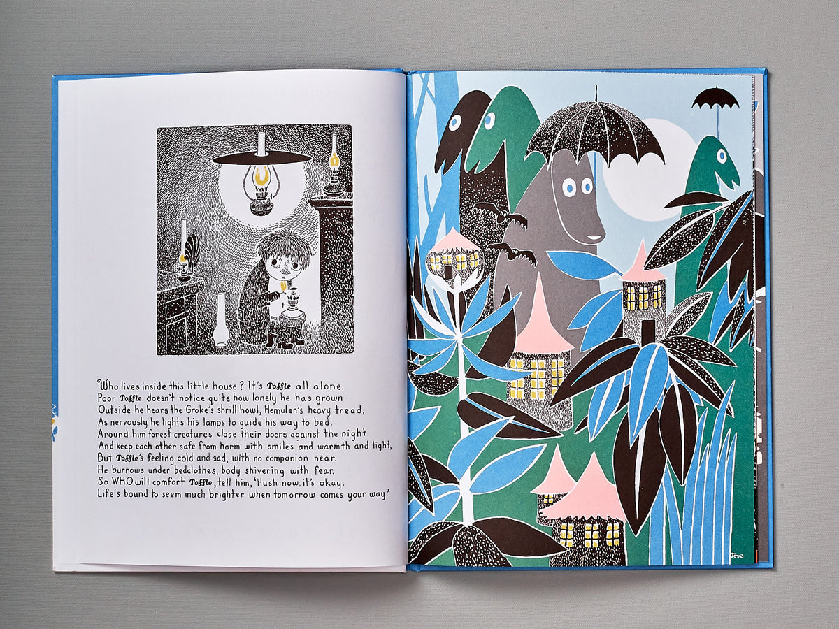 A Tove Jansson children&#39;s book with a picture of a house and an umbrella called &quot;Who Will Comfort Toffle?&quot;.