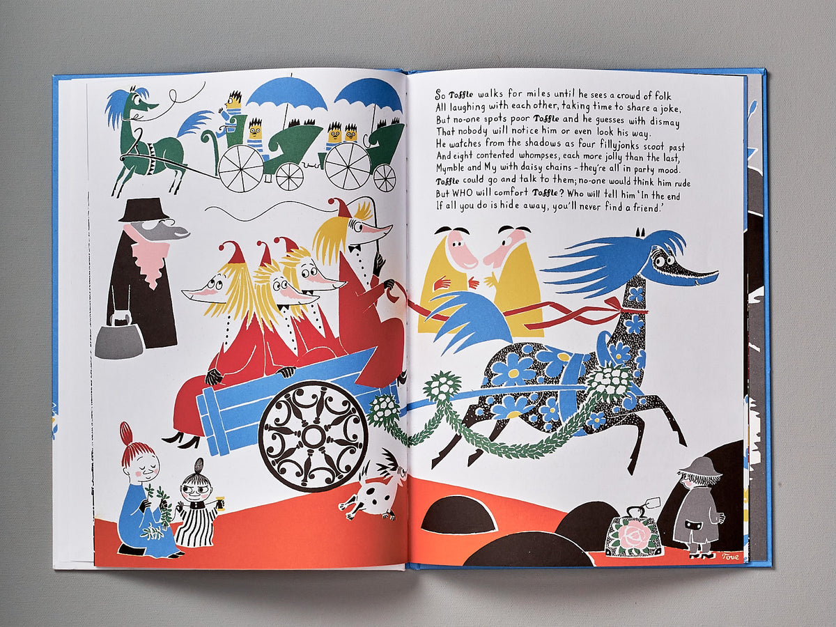 A Tove Jansson children&#39;s book with a picture of a horse and carriage titled &quot;Who Will Comfort Toffle?&quot;.