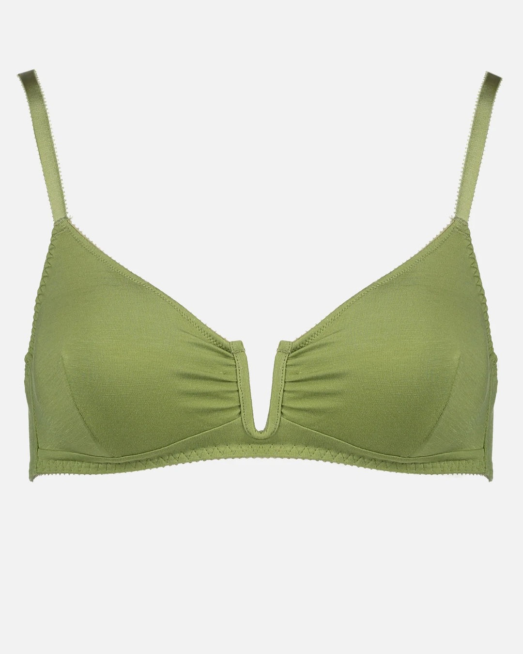 An Angela Bra - Olive by Videris, a green bikini top with a criss cross strap.