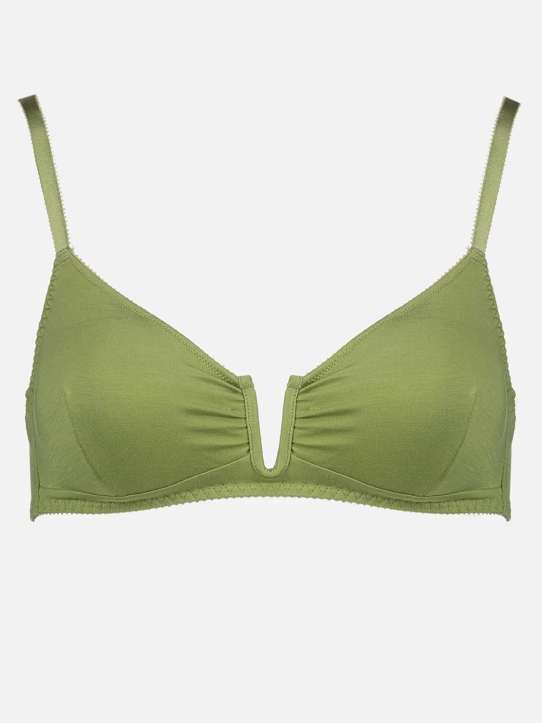 An Angela Bra - Olive by Videris, a green bikini top with a criss cross strap.