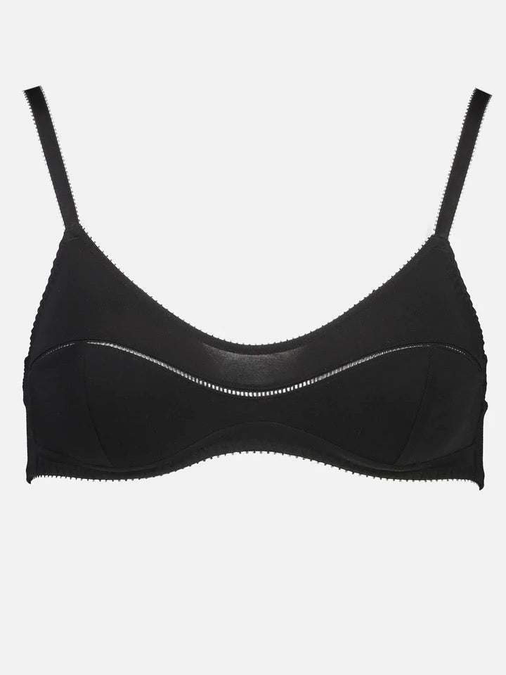 A Maggie Bra - Shield by Videris, is a black bikini top with a zipper on the side.