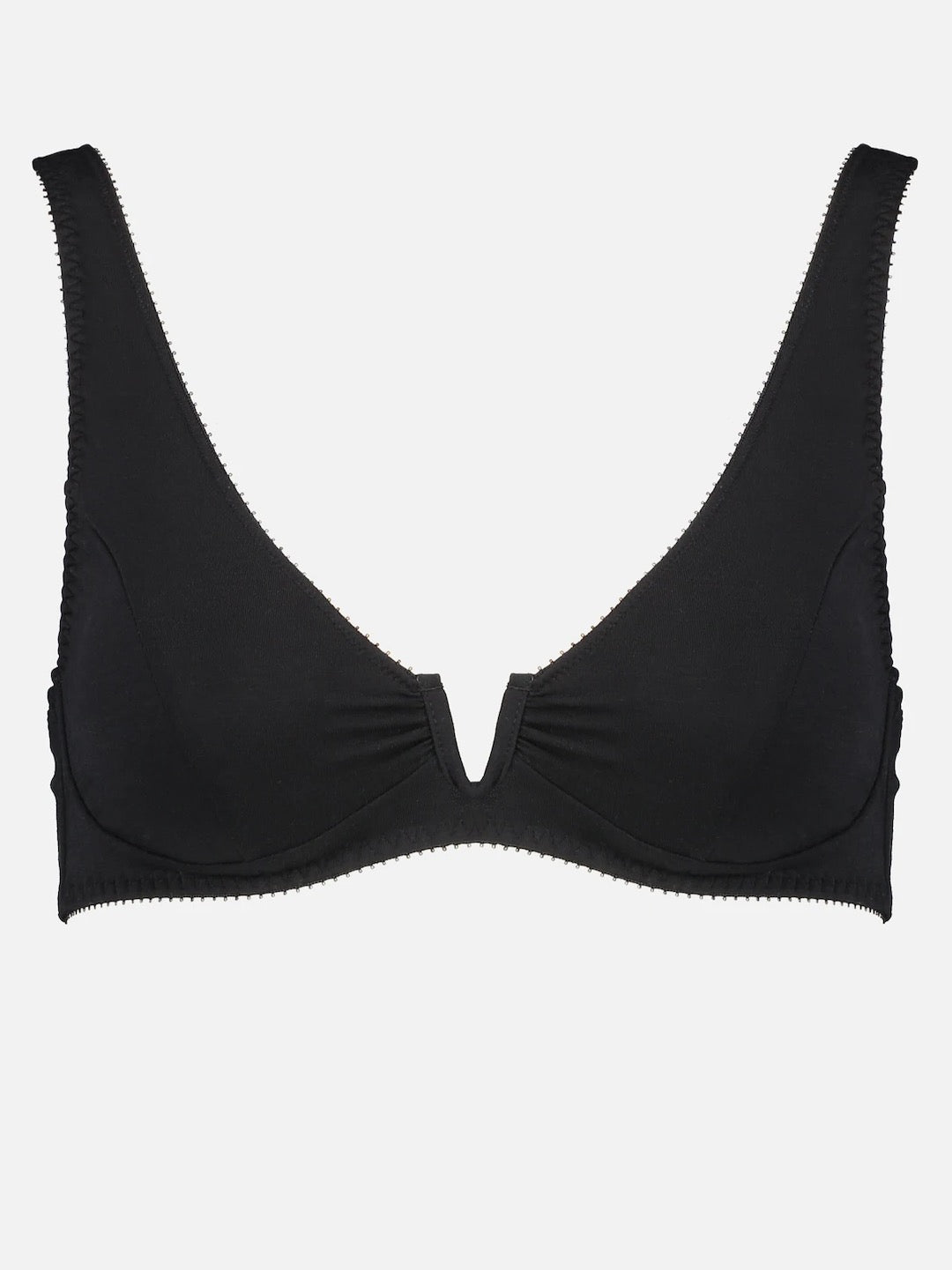 A black bikini top with a v-neckline, called the Sarah Bra - Shield by Videris.