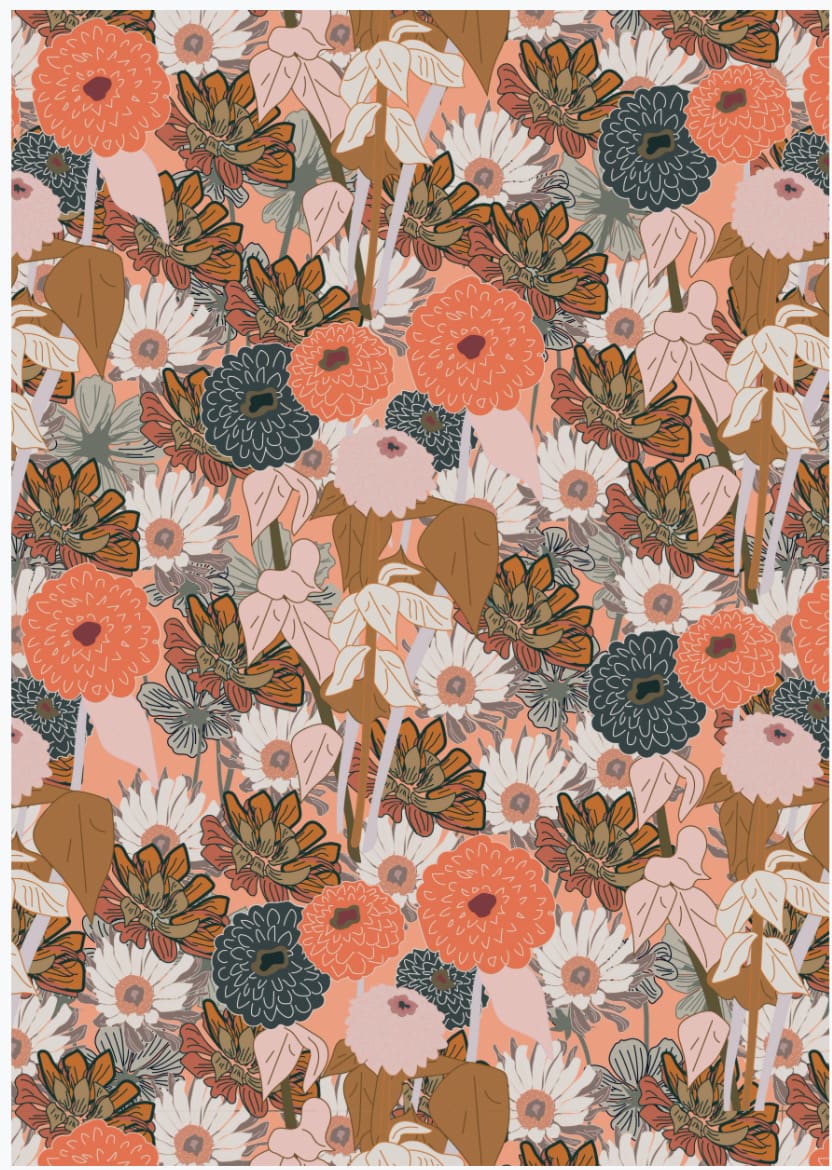 A pattern with flowers and leaves on a peach background from the Walker &amp; Bing Greeting Cards – Vintage Floral.