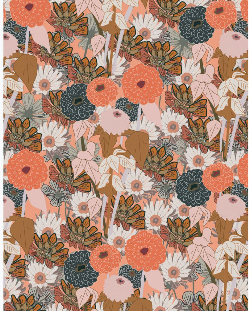 A pattern with flowers and leaves on a peach background from the Walker & Bing Greeting Cards – Vintage Floral.
