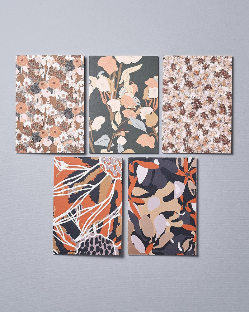 A set of four Greeting Cards – Vintage Floral with orange and black floral designs by Walker & Bing.