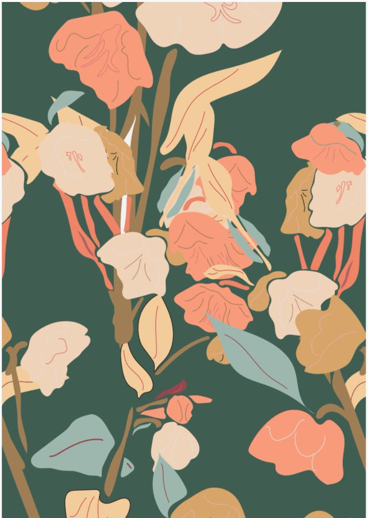A Walker &amp; Bing Vintage Floral pattern on a green background.