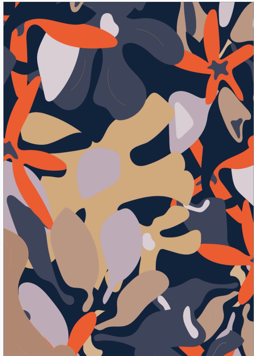 An orange and blue camouflage pattern, like Walker &amp; Bing Greeting Cards - Vintage Floral.