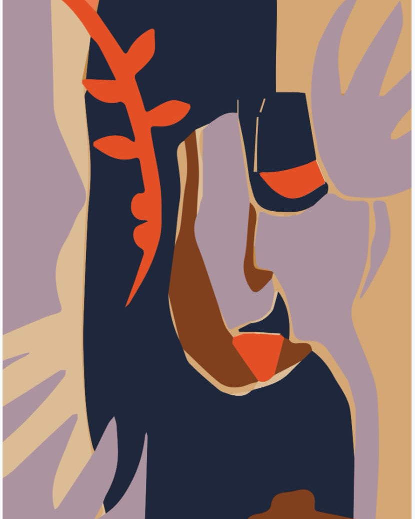 An illustration of a woman with a Walker & Bing hat on her head.
