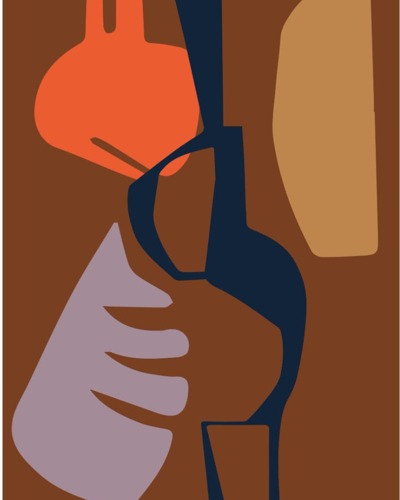 A brown, orange, and blue abstract painting on a brown background of Walker & Bing's Greeting Cards - Collage.