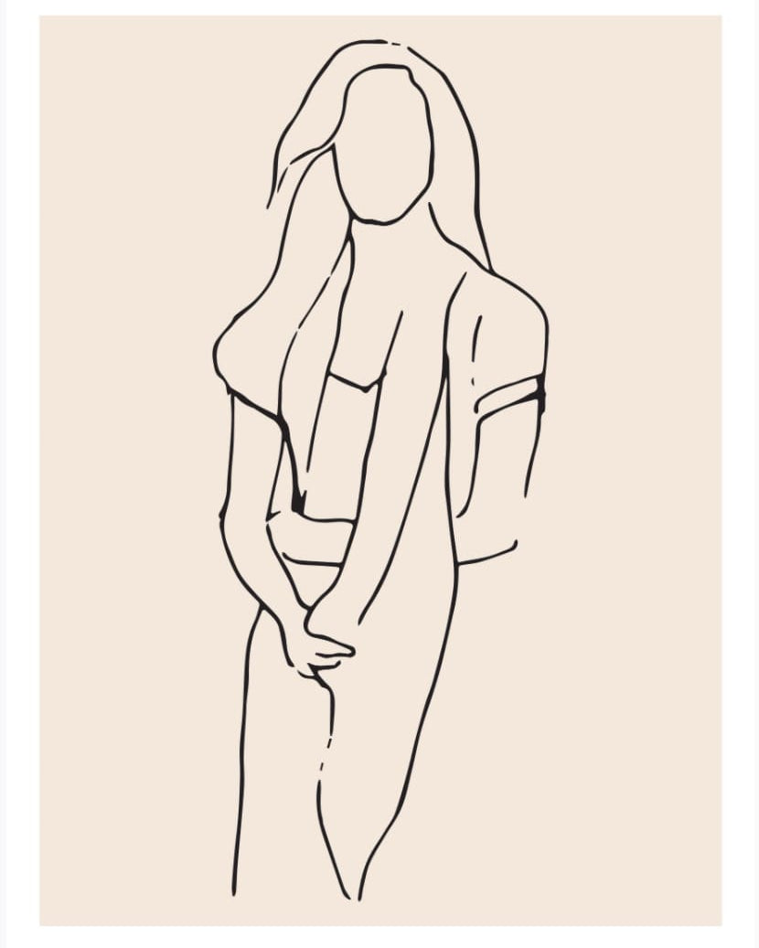 A Walker & Bing Greeting Card featuring a line drawing of a woman holding a scarf.