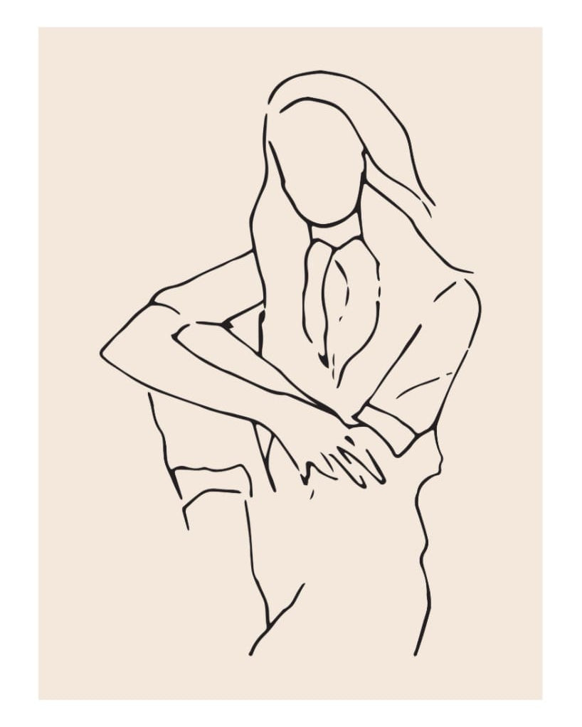 A line drawing of a woman with her arms crossed by Walker & Bing Greeting Cards - Line Drawing.