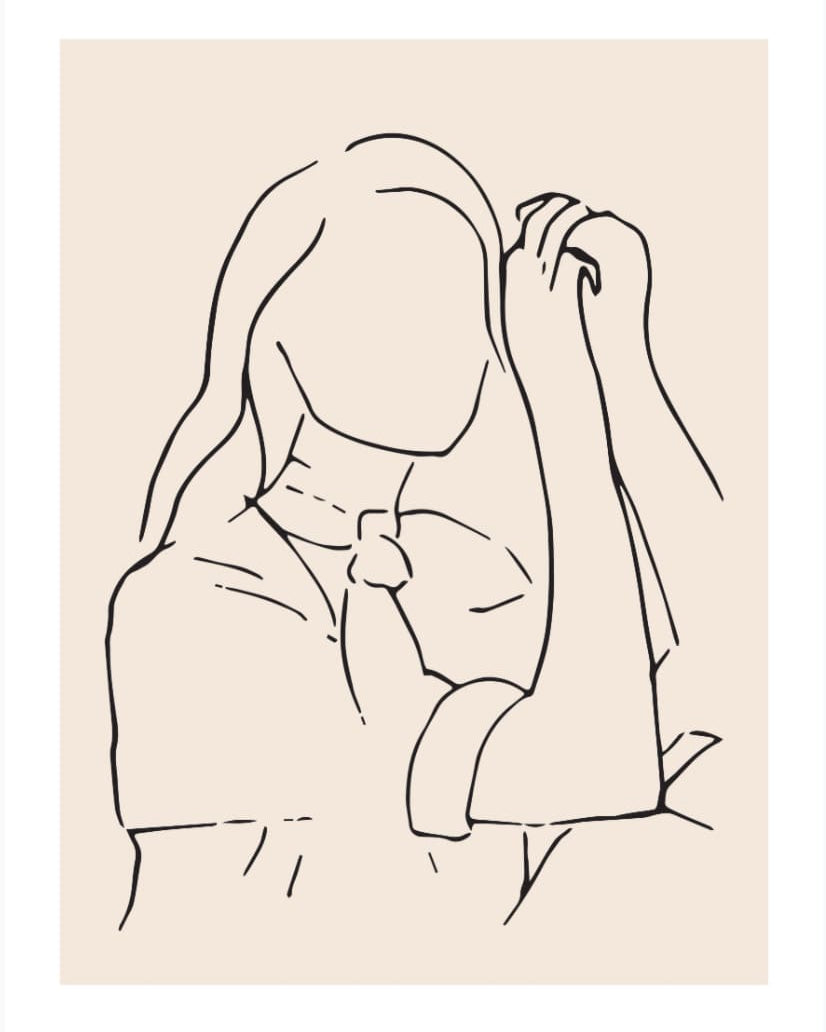 A line drawing of a woman holding her hand from Walker & Bing Greeting Cards – Line Drawing.