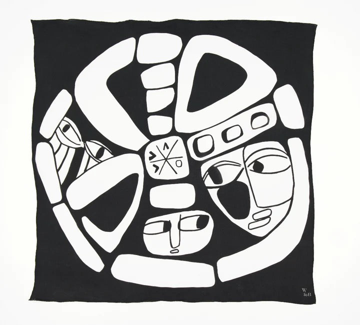 A Fez Scarf from Walker &amp; Bing, black and white with designs on it.