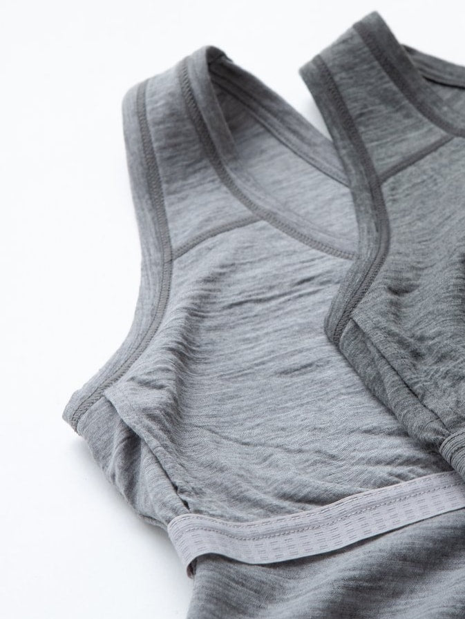 Two Huia Merino Tank Tops - Grey by YARN nz on a white surface.