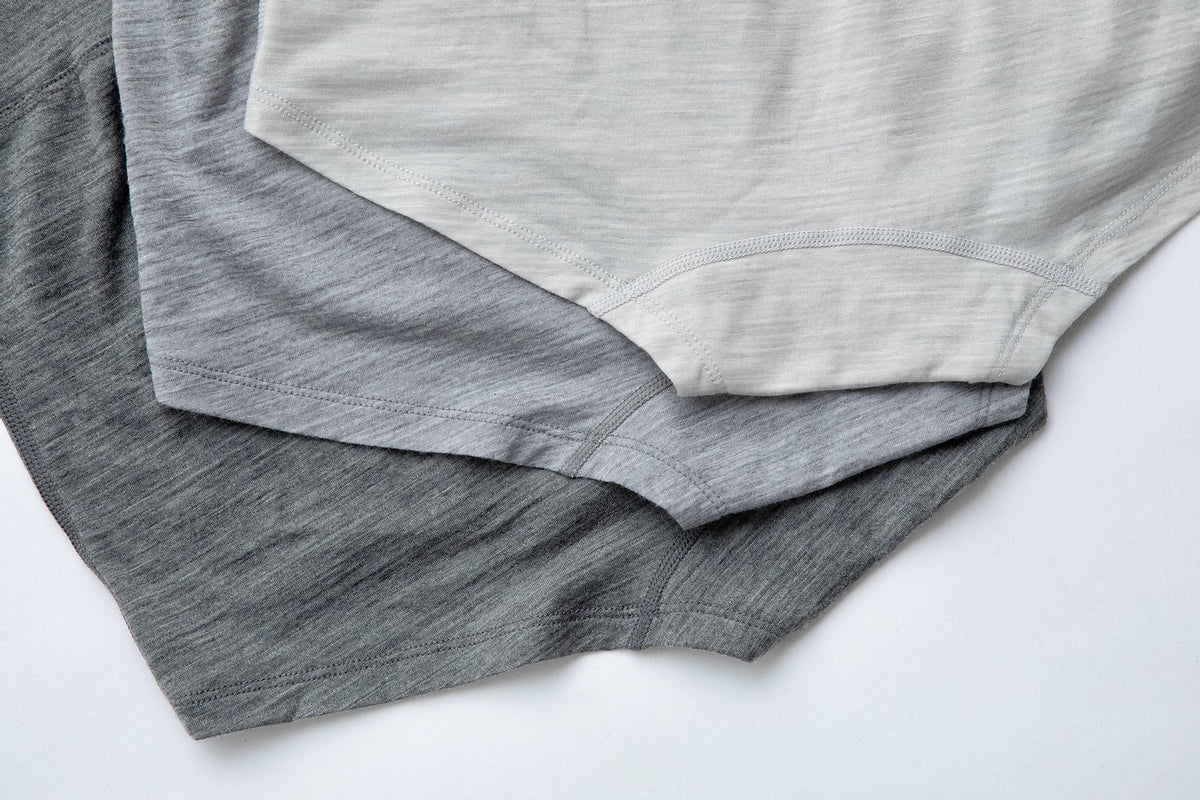 Three Huia Merino Underpants - Grey by YARN nz on a white surface.