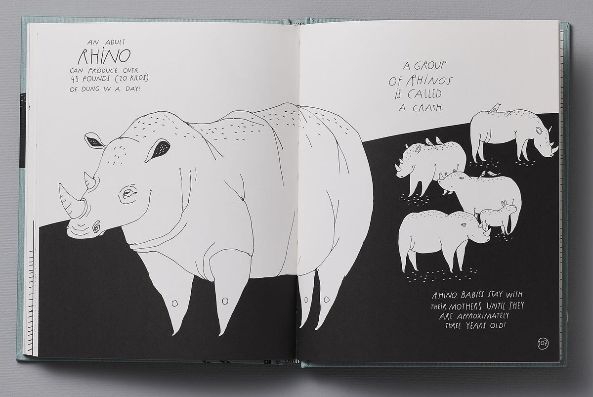 A children&#39;s book with illustrations of a rhino and a lion, &quot;The Illustrated Compendium of Amazing Animal Facts&quot; by Maja Säfström.