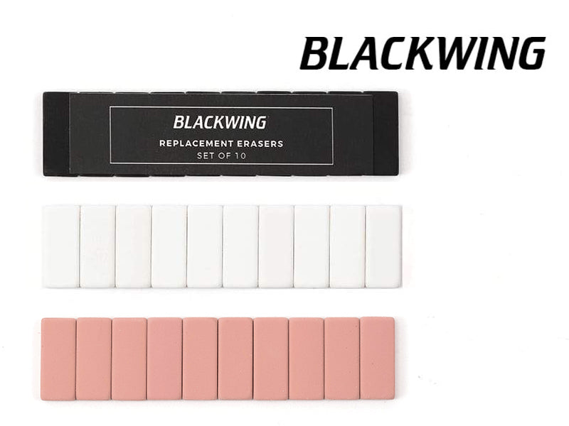 A pack of Palomino Blackwing Replacement Eraser 10pk – White ⋄ Black ⋄ Pink, displayed in white and pink colors, fits any Palomino Blackwing pencil model with a dust-free design.