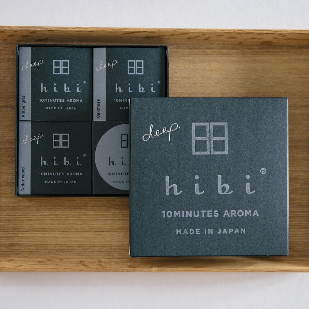 The sentence would be: hibi Match Box Incense – Deep Scent Gift Box, made in Japan.