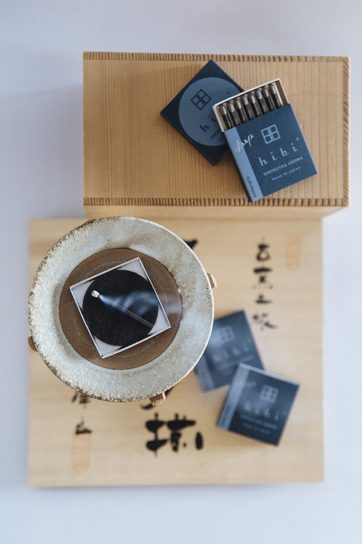 Hibi&#39;s Match Box Incense - Deep Scent Gift Box in a wooden box.