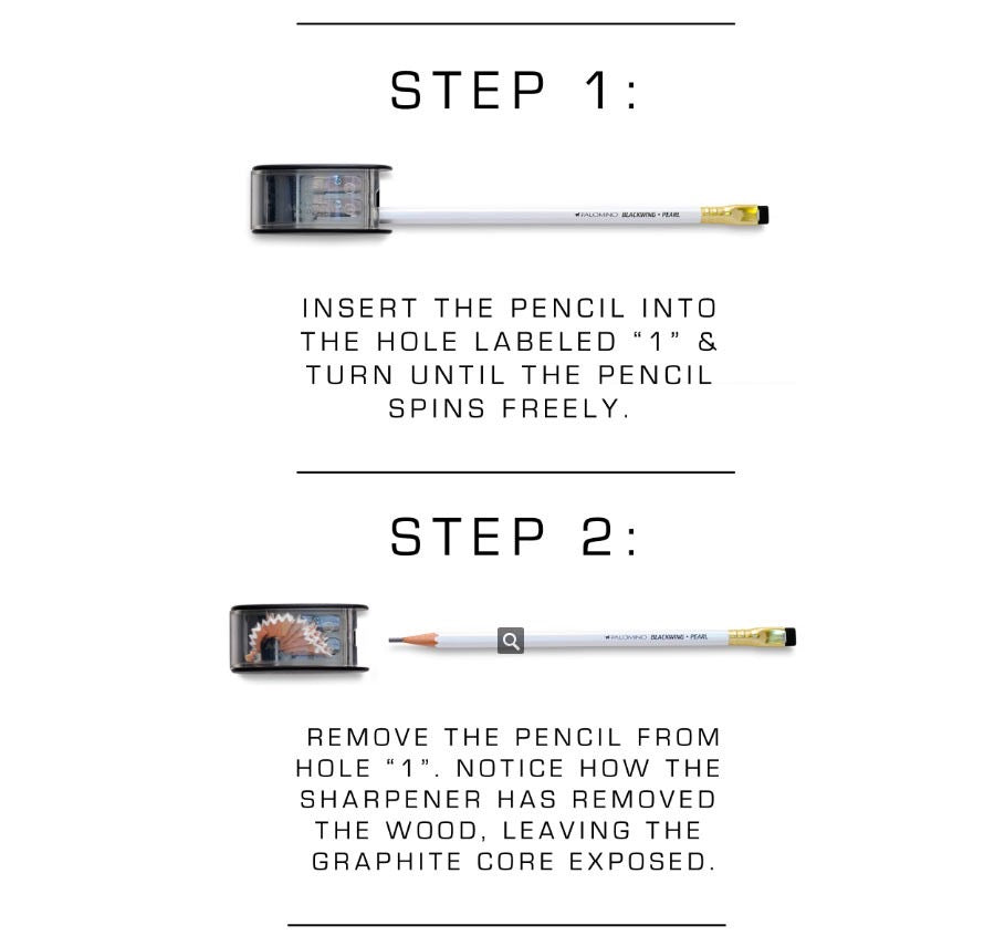 Step 1 - insert the Blackwing Long Point Pencil Sharpener into the pencil case step 2 - turn the Blackwing Long Point Pencil Sharpener into the pencil case step 3 - insert the pencil into.