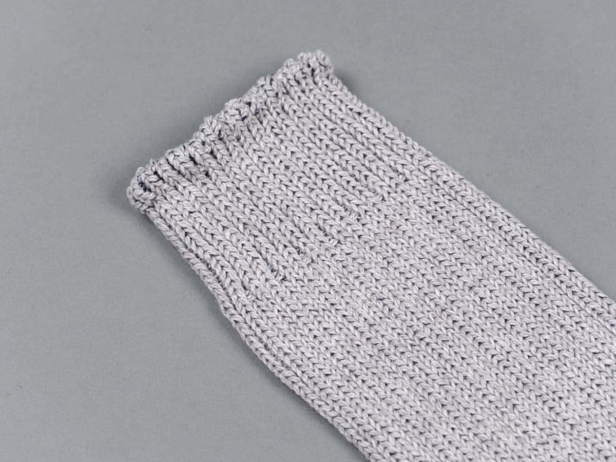 A pair of Boston Slab Socks – Grey Denim by Nishiguchi Kutsushita on a grey surface.