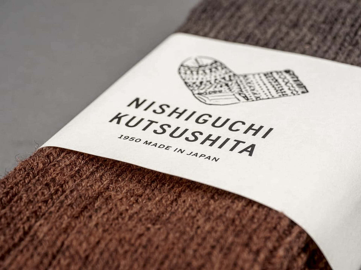 Nishiguchi Kutsushita Boston Slab Socks – Brown Fawn label.