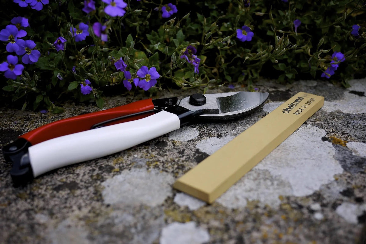 A pair of Japanese Secateurs №103 by Okatsune and a piece of wood.