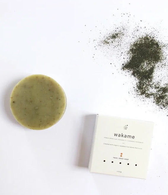 A box of Wakame Soap next to a box of green tea powder.